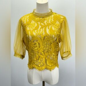 PEACH Chic Mustard Yellow Lace high neck sheer sleeve Blouse size M